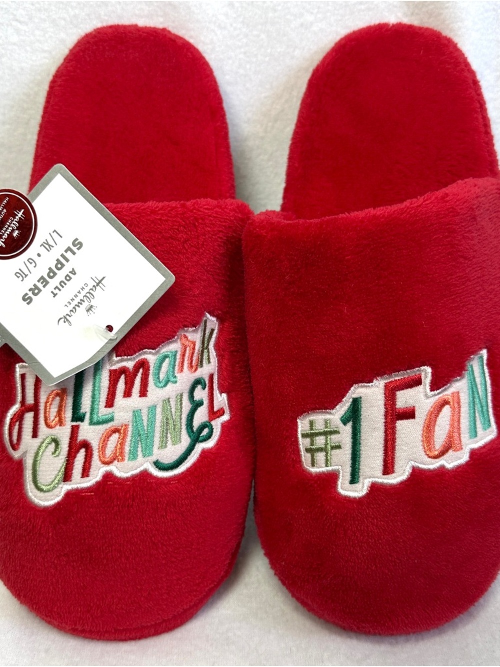 Hallmark Channel Slippers #1 Fan Adult L XL Red Plush Slip On Mule Movie New